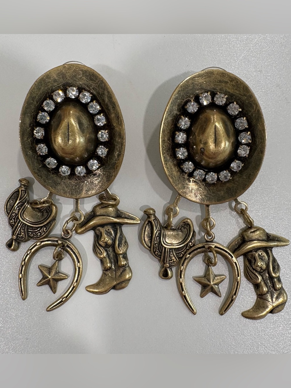 Vintage Western CharmDangle Earrings - Antique Brass Rhinestone Cowgirl
